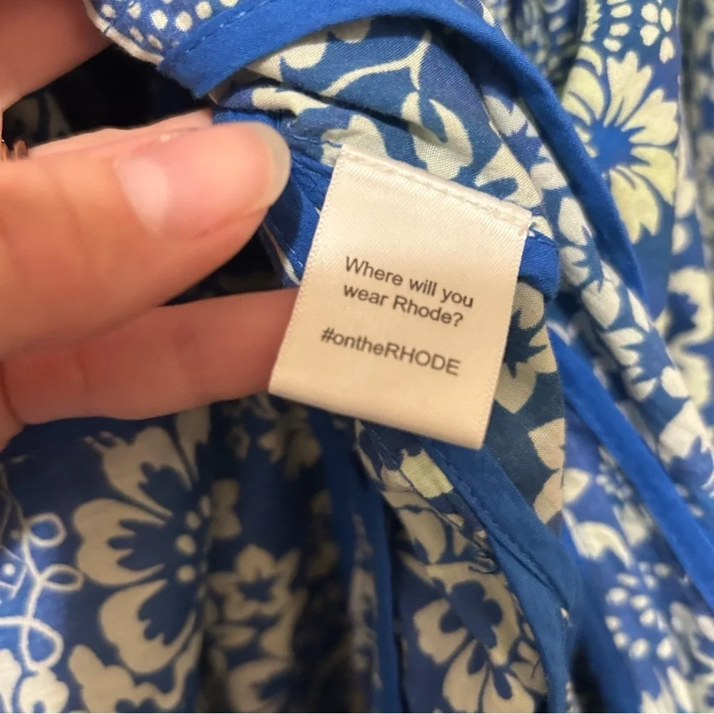 RHODE Floral Print Dress Blue Cream Feminine Ruffle Cotton Beach Vacation Sz Med